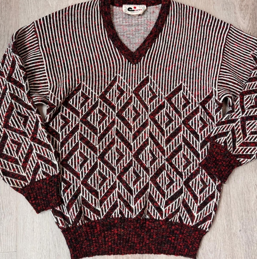 Vintage Cooper Burgundy Geometric V-Neck Wool Blend Men's Grandpa Sweater Size M